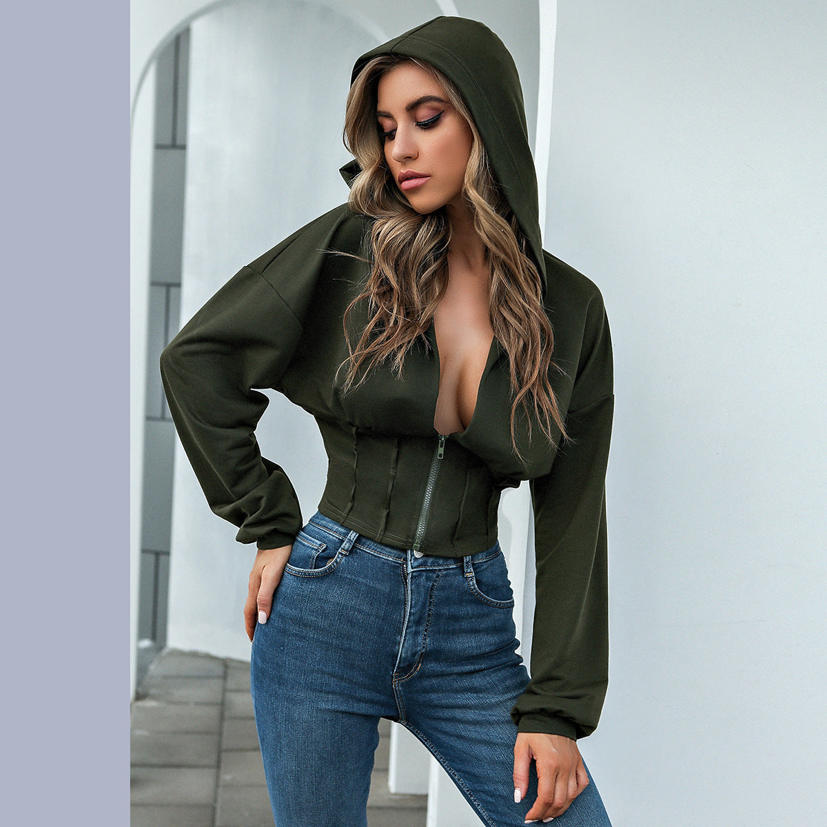 Hooded sexy V-neck long-sleeved top waist zipper jacket DarkOliveGreen / L | YonPop