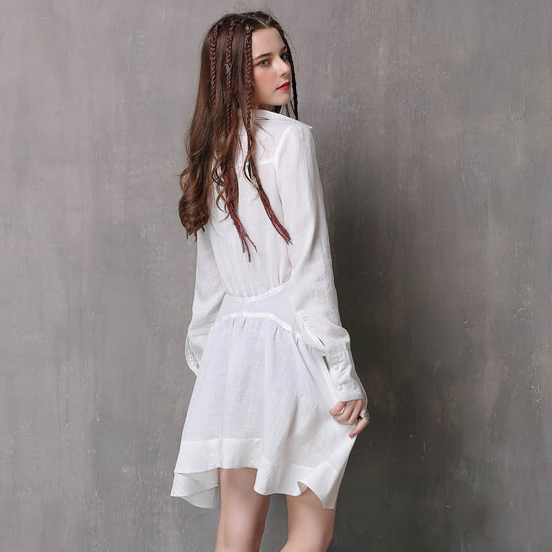 Women's irregular waist long-sleeved cotton and linen top  | YonPop