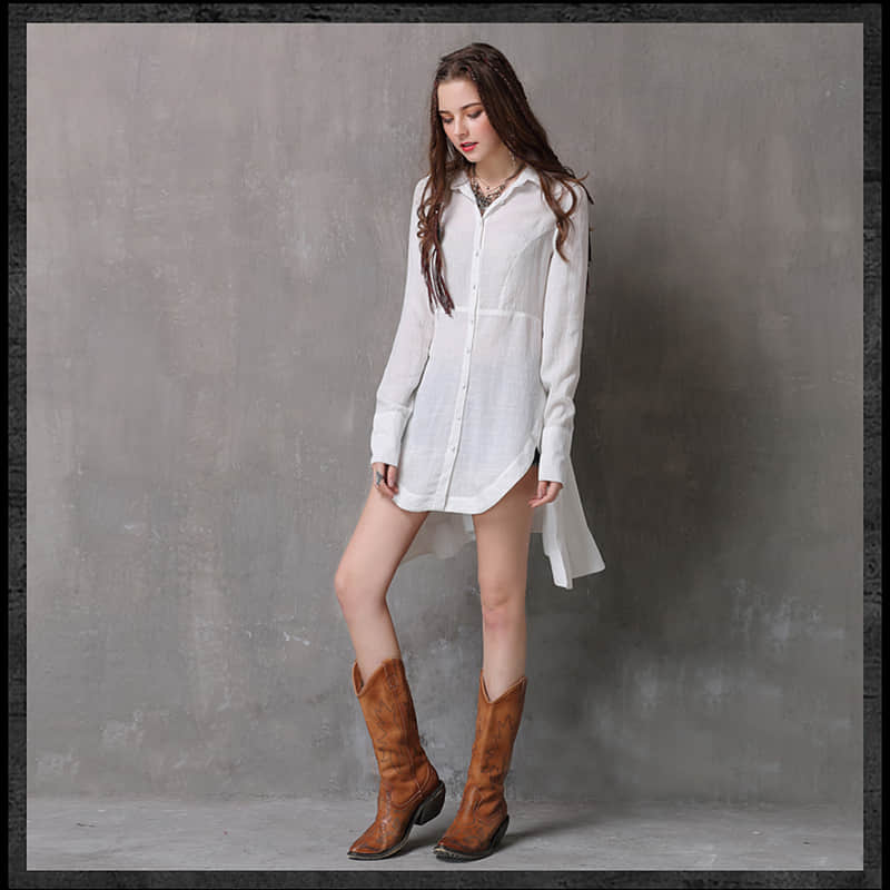 Women's irregular waist long-sleeved cotton and linen top  | YonPop