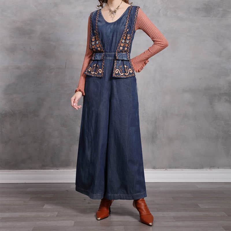 Simple casual retro embroidered denim jumpsuit  | YonPop