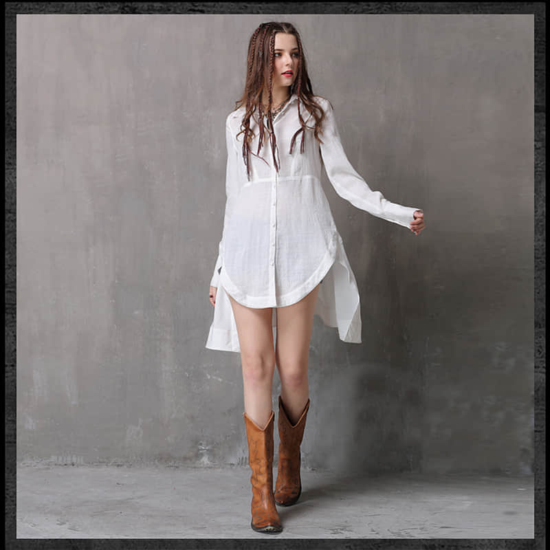 Women's irregular waist long-sleeved cotton and linen top  | YonPop