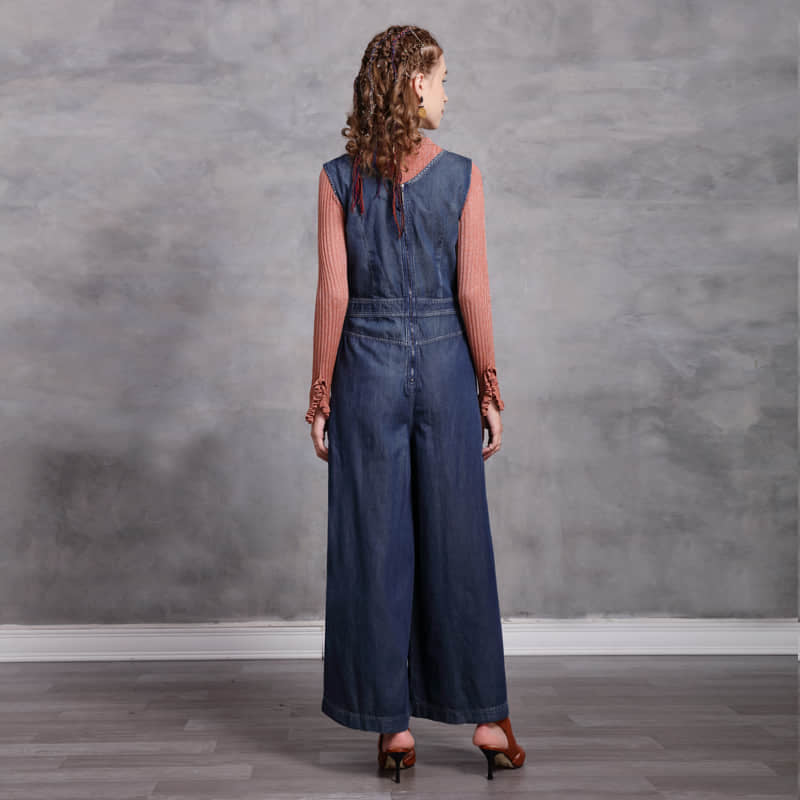 Simple casual retro embroidered denim jumpsuit  | YonPop