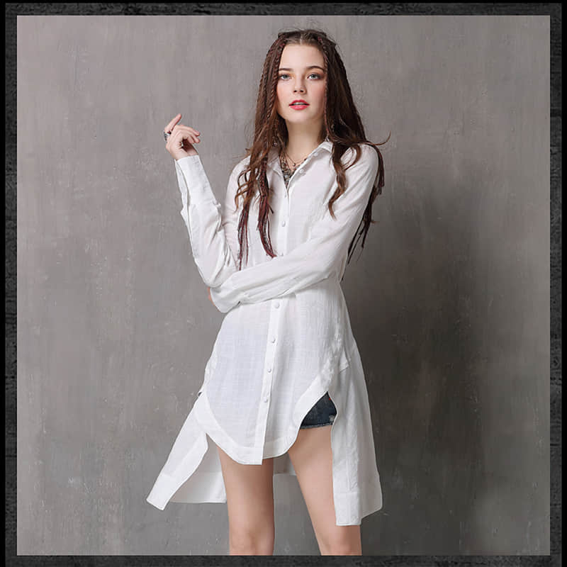 Women's irregular waist long-sleeved cotton and linen top  | YonPop