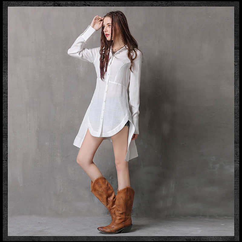 Women's irregular waist long-sleeved cotton and linen top  | YonPop