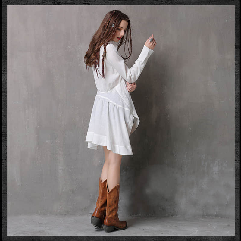 Women's irregular waist long-sleeved cotton and linen top  | YonPop