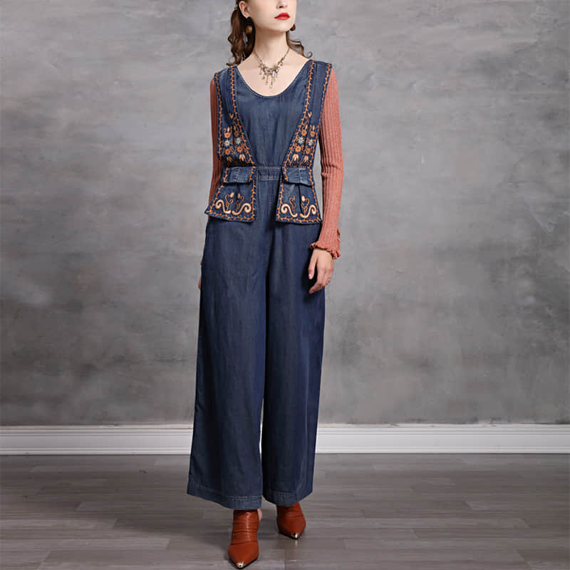 Simple casual retro embroidered denim jumpsuit L | YonPop