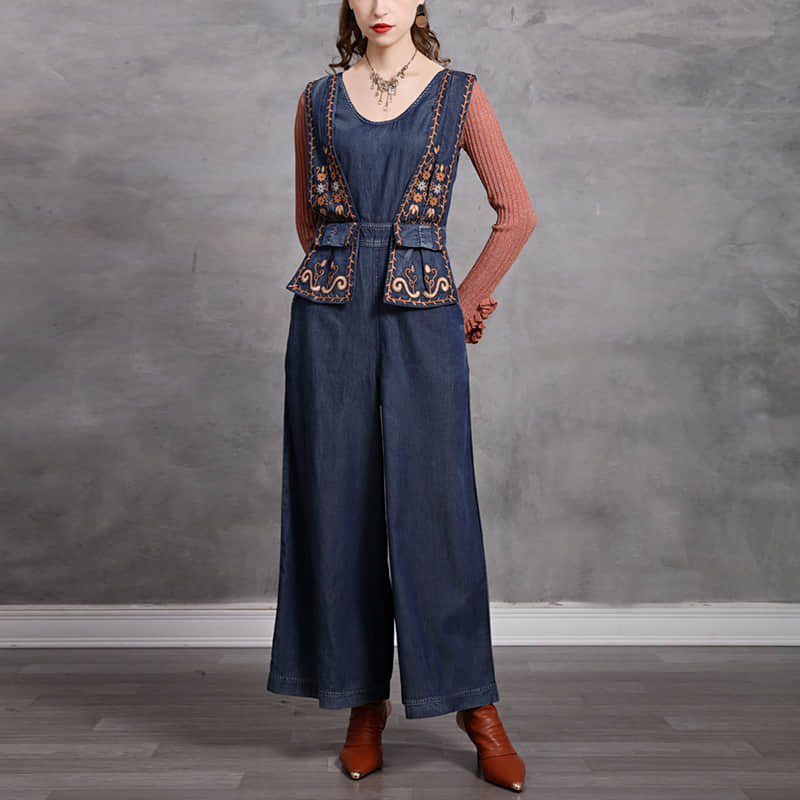 Simple casual retro embroidered denim jumpsuit  | YonPop