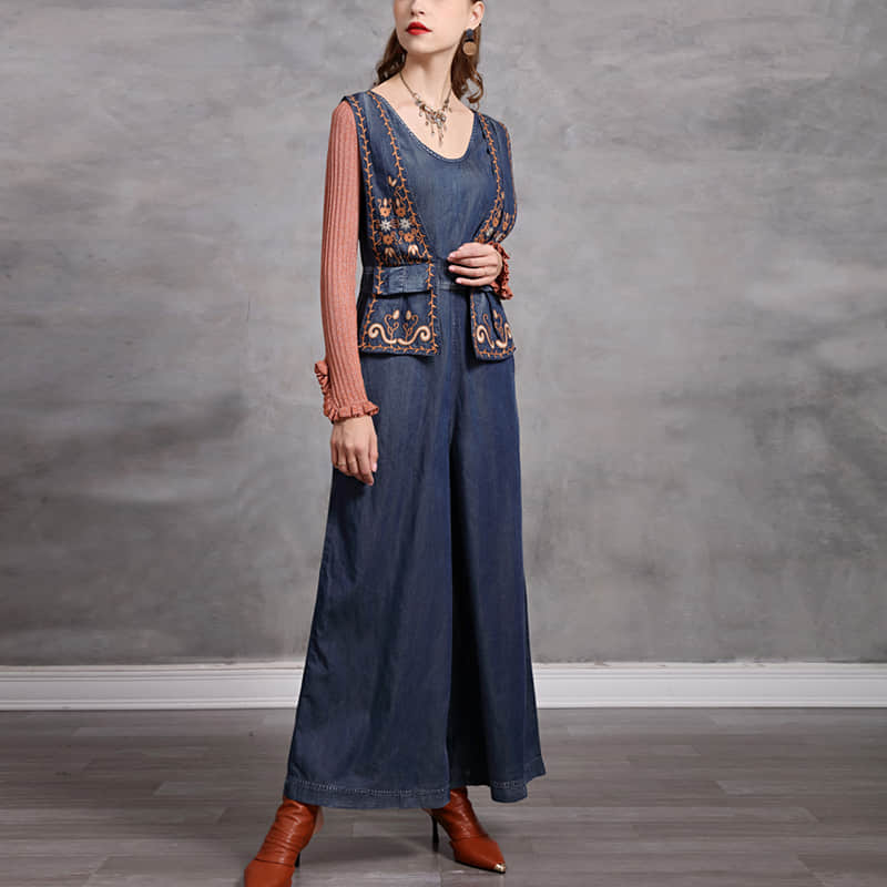 Simple casual retro embroidered denim jumpsuit XL | YonPop