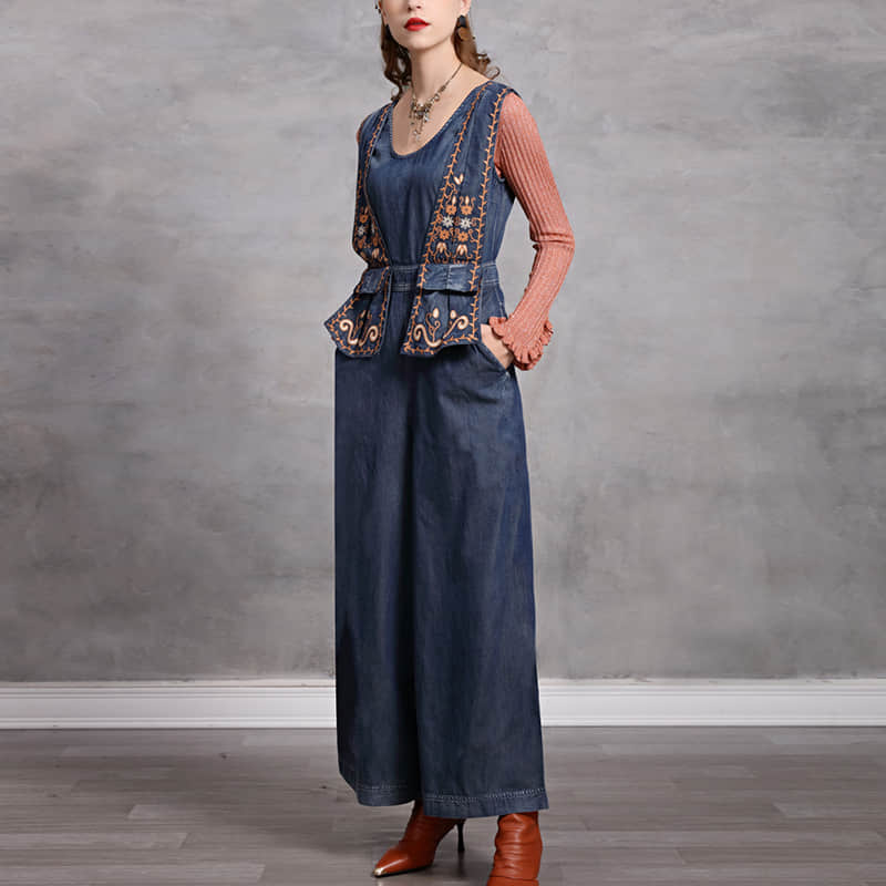 Simple casual retro embroidered denim jumpsuit S | YonPop