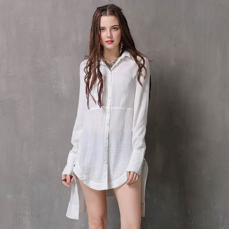 Women's irregular waist long-sleeved cotton and linen top XL | YonPop