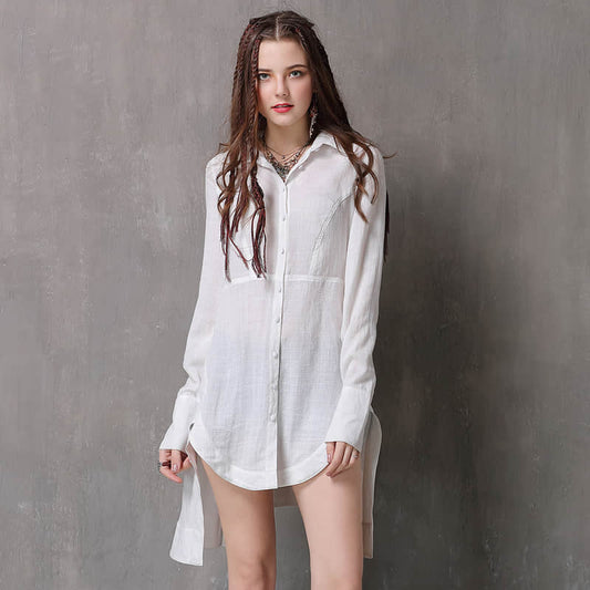 Women's irregular waist long-sleeved cotton and linen top XL | YonPop