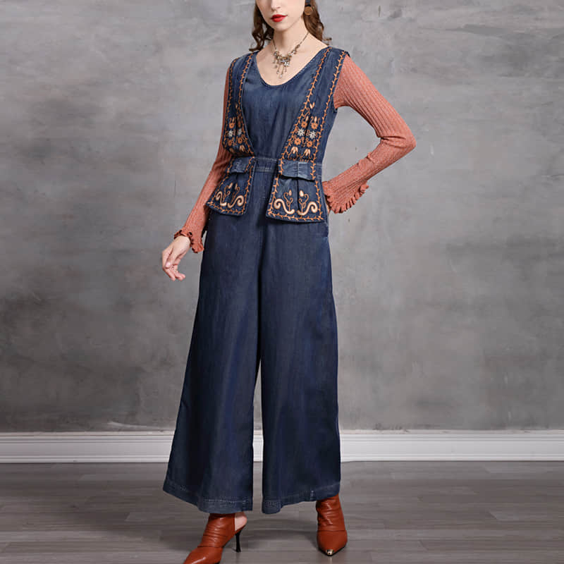 Simple casual retro embroidered denim jumpsuit M | YonPop