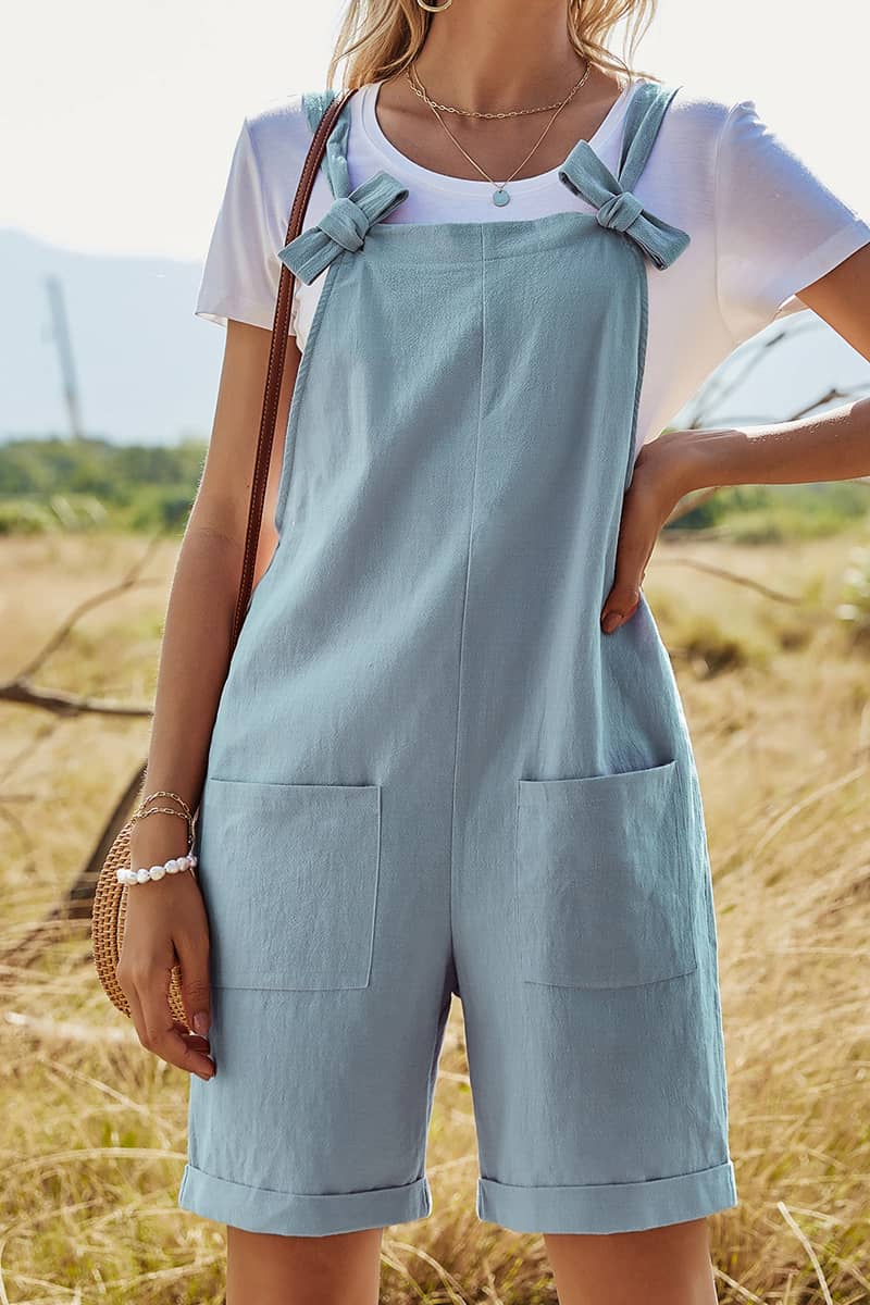 Solid color loose high waist romper Blue / M | YonPop