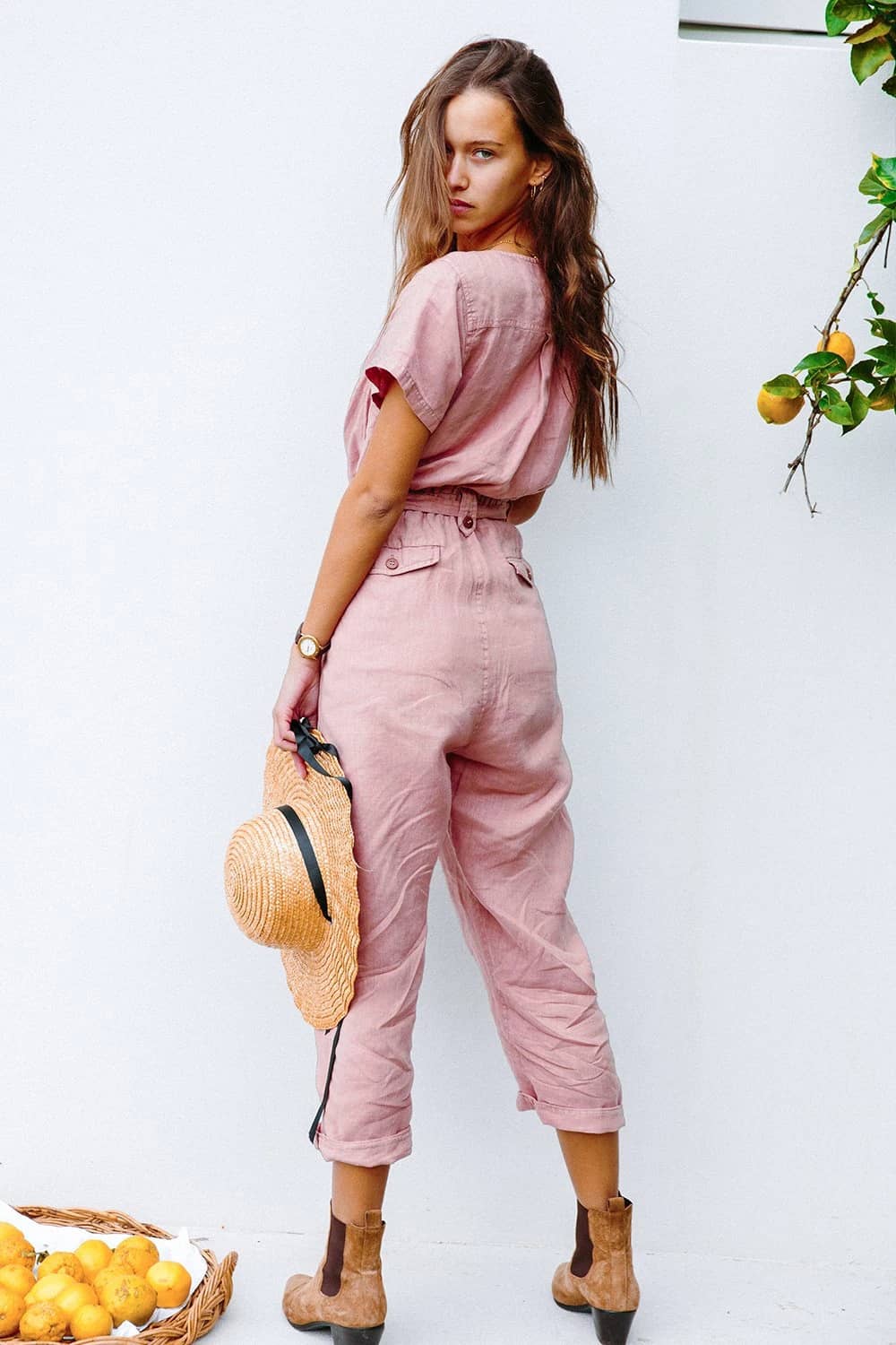 Single-breasted all-match cropped jumpsuit Pink / M | YonPop