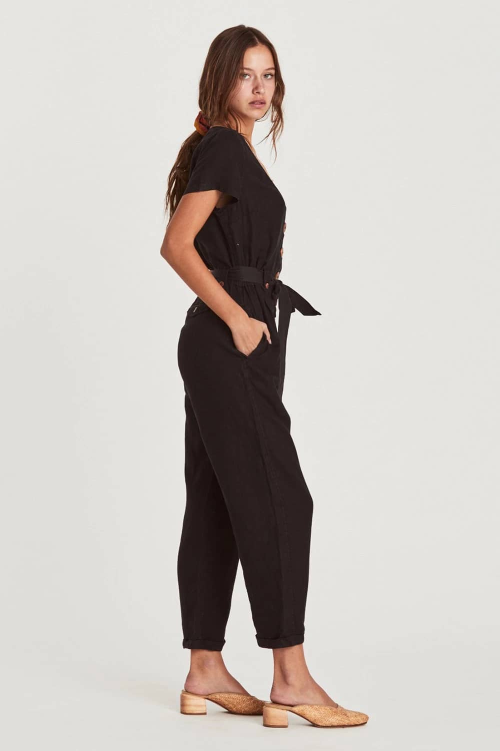 Single-breasted all-match cropped jumpsuit Black / L | YonPop