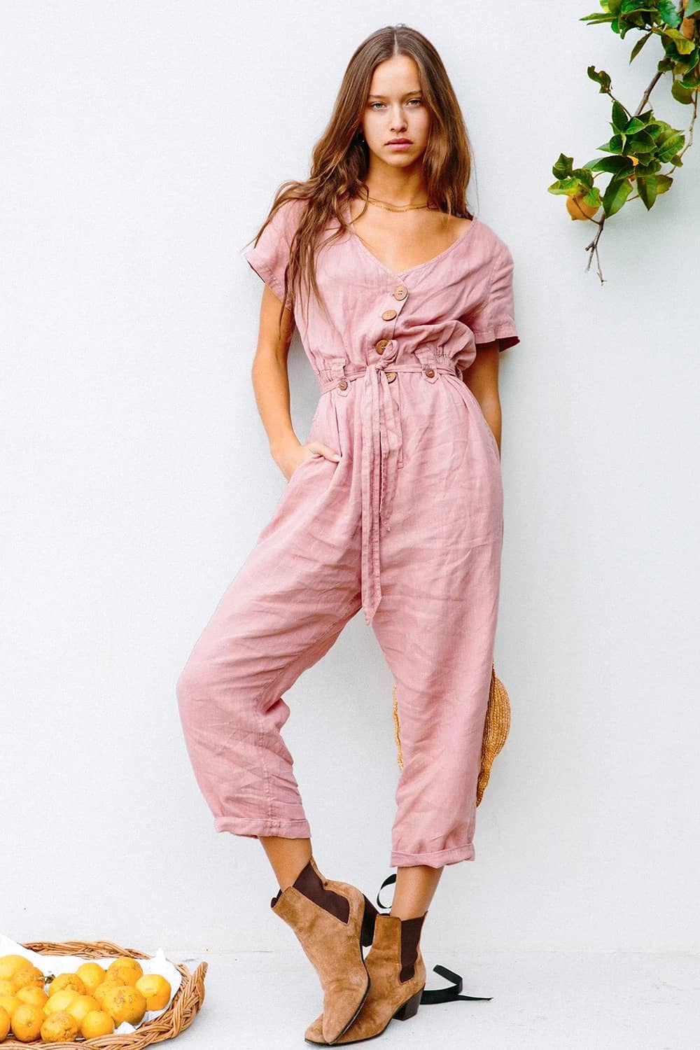 Single-breasted all-match cropped jumpsuit Pink / S | YonPop