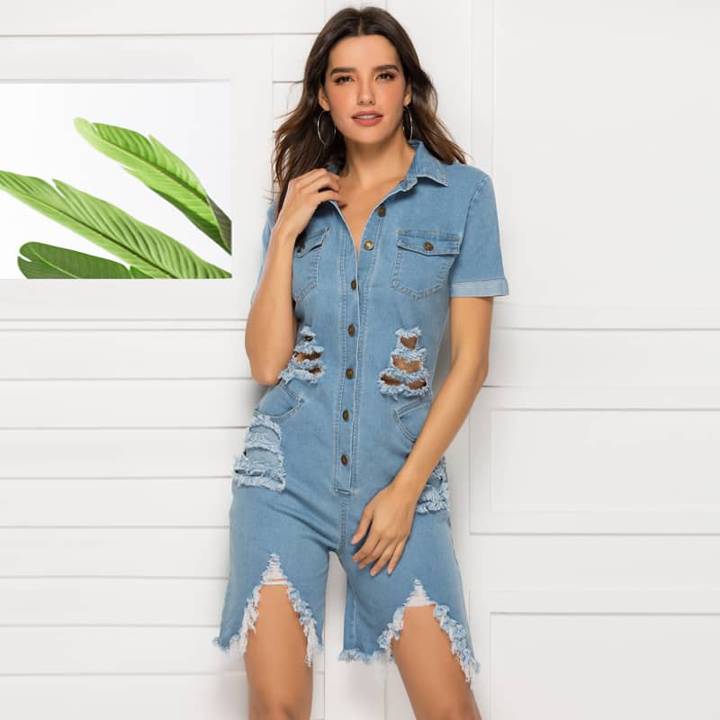 Sexy slim ripped denim jumpsuit L | YonPop