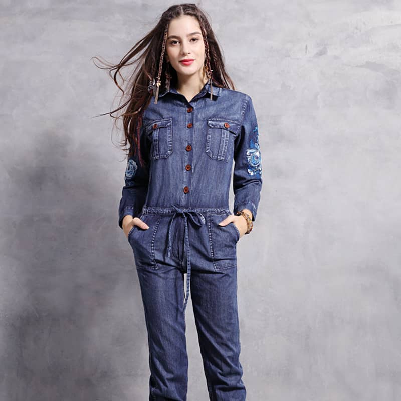 Embroidered denim high waist jumpsuit for women  | YonPop