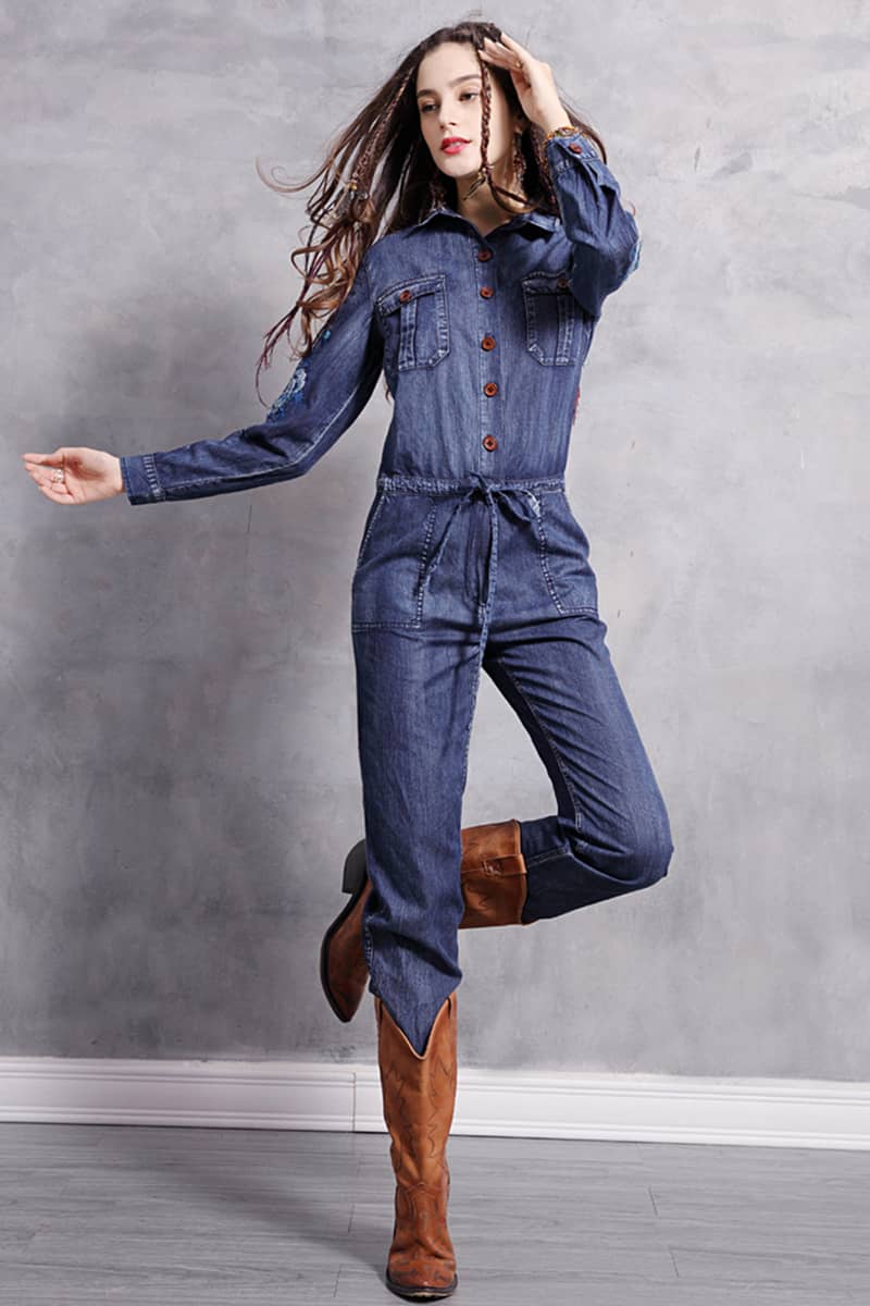 Embroidered denim high waist jumpsuit for women M | YonPop