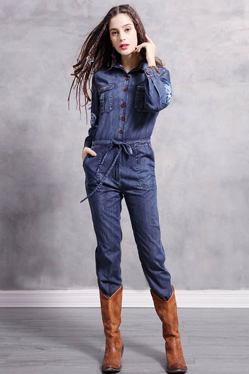 Embroidered denim high waist jumpsuit for women  | YonPop