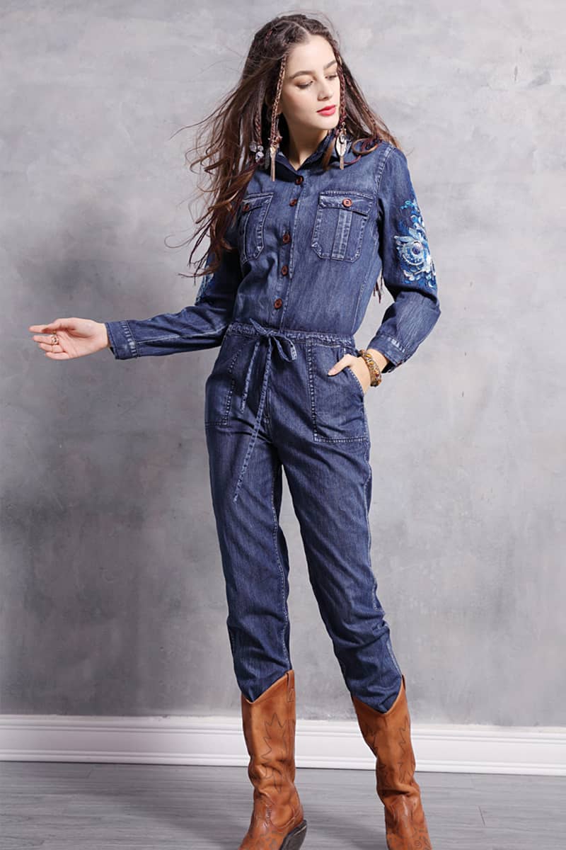 Embroidered denim high waist jumpsuit for women  | YonPop