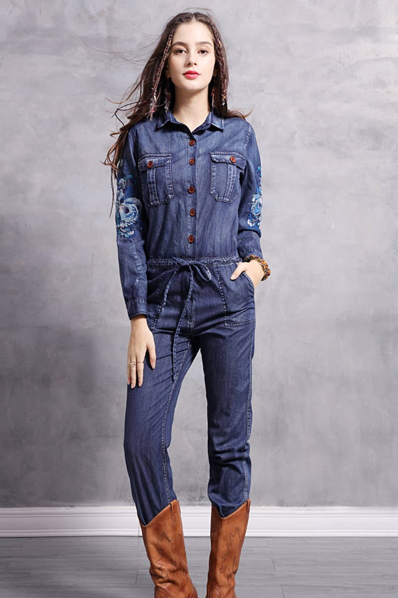 Embroidered denim high waist jumpsuit for women  | YonPop