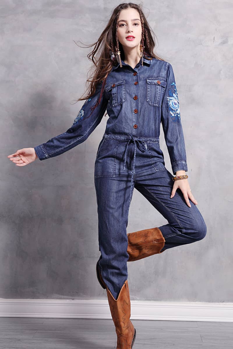 Embroidered denim high waist jumpsuit for women  | YonPop