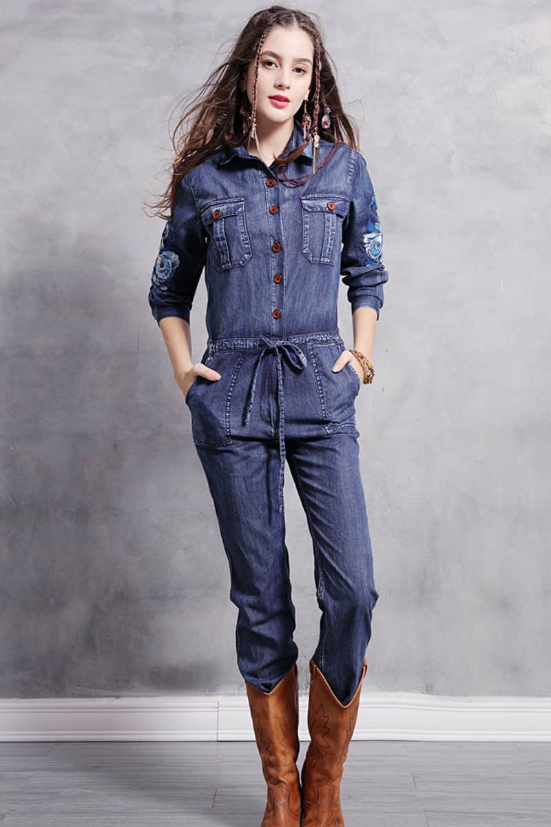 Embroidered denim high waist jumpsuit for women L | YonPop