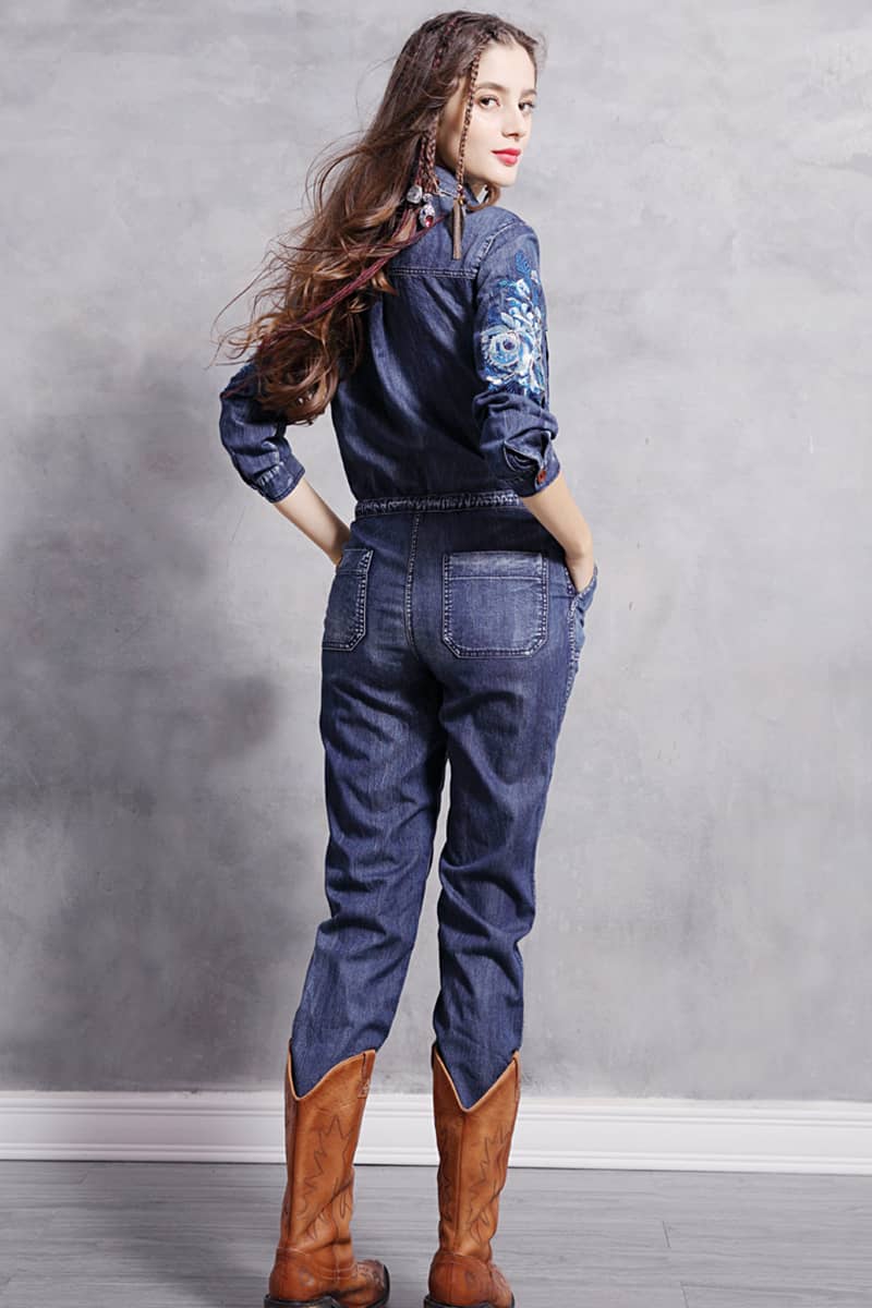 Embroidered denim high waist jumpsuit for women XL | YonPop