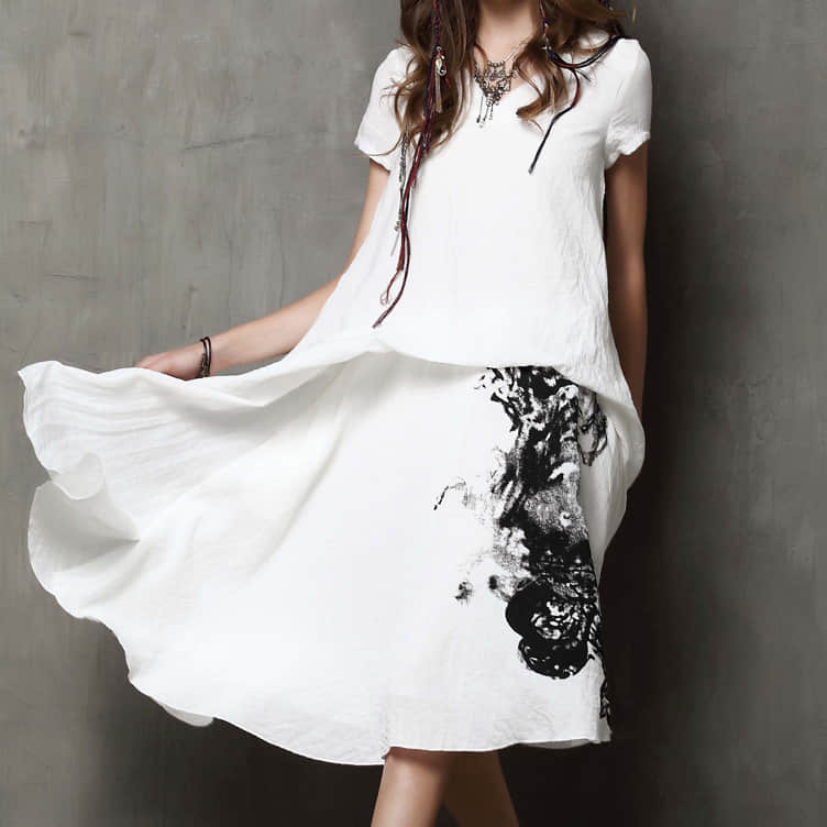 Summer printed short-sleeved loose plus size dress M | YonPop