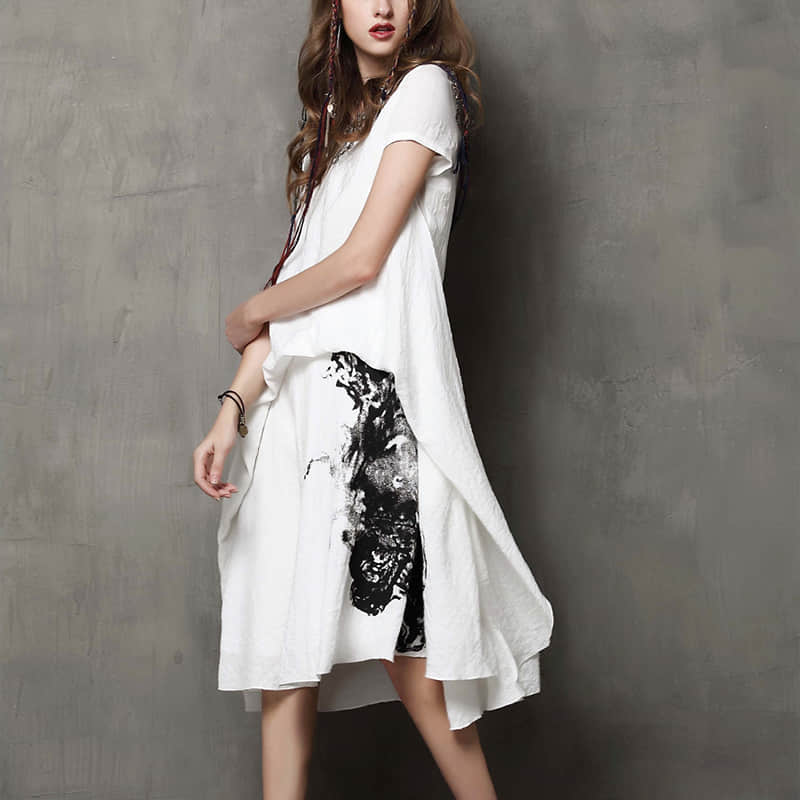 Summer printed short-sleeved loose plus size dress L | YonPop