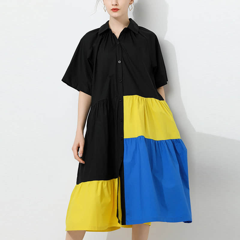 Fashion Contrast stitching shirt dress Black / 4XL | YonPop