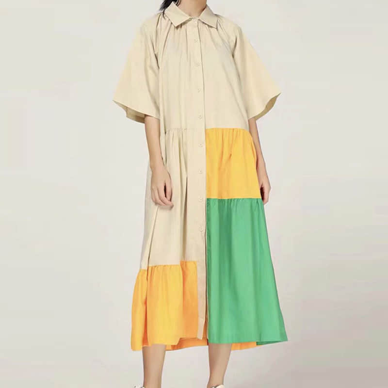 Fashion Contrast stitching shirt dress Cornsilk / 4XL | YonPop