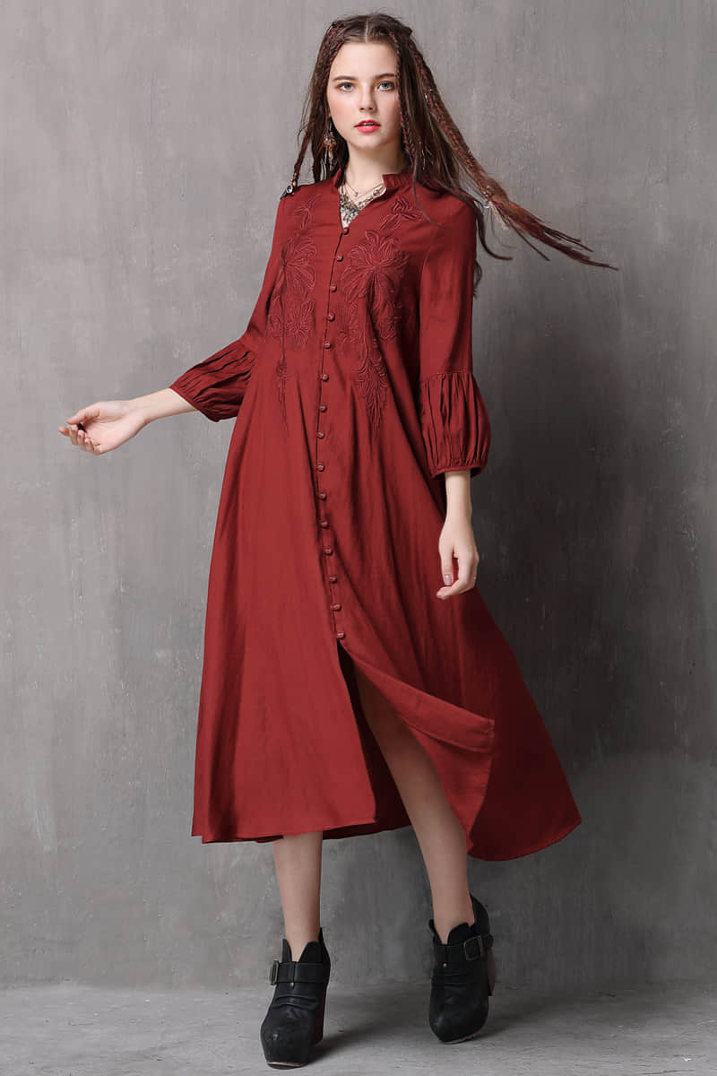 Loose cotton and linen dress Red / L | YonPop