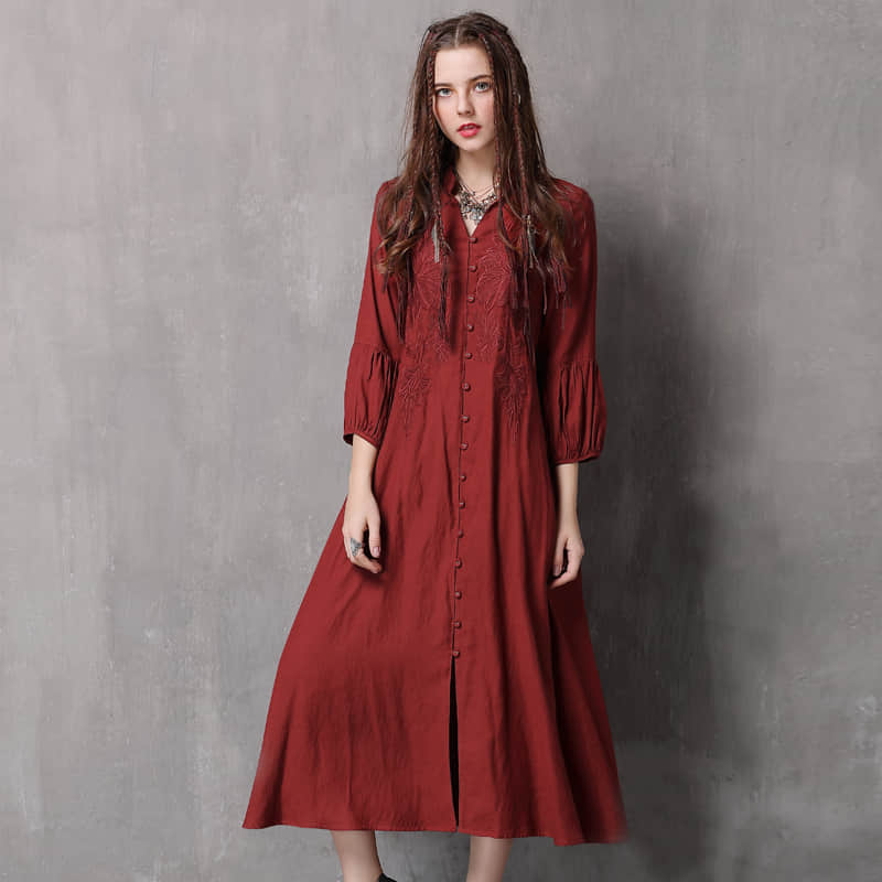 Loose cotton and linen dress Red / M | YonPop