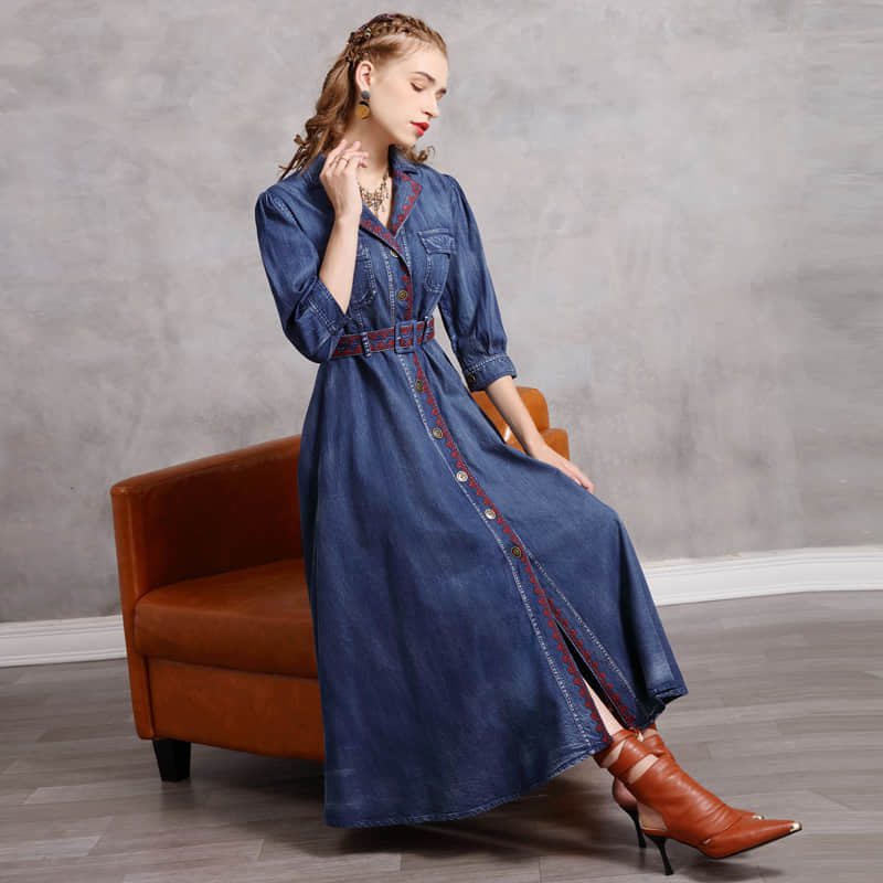 Mid-length belted Denim dress  | YonPop