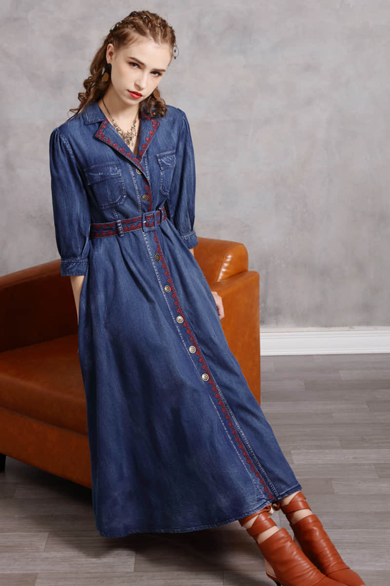 Mid-length belted Denim dress XL | YonPop