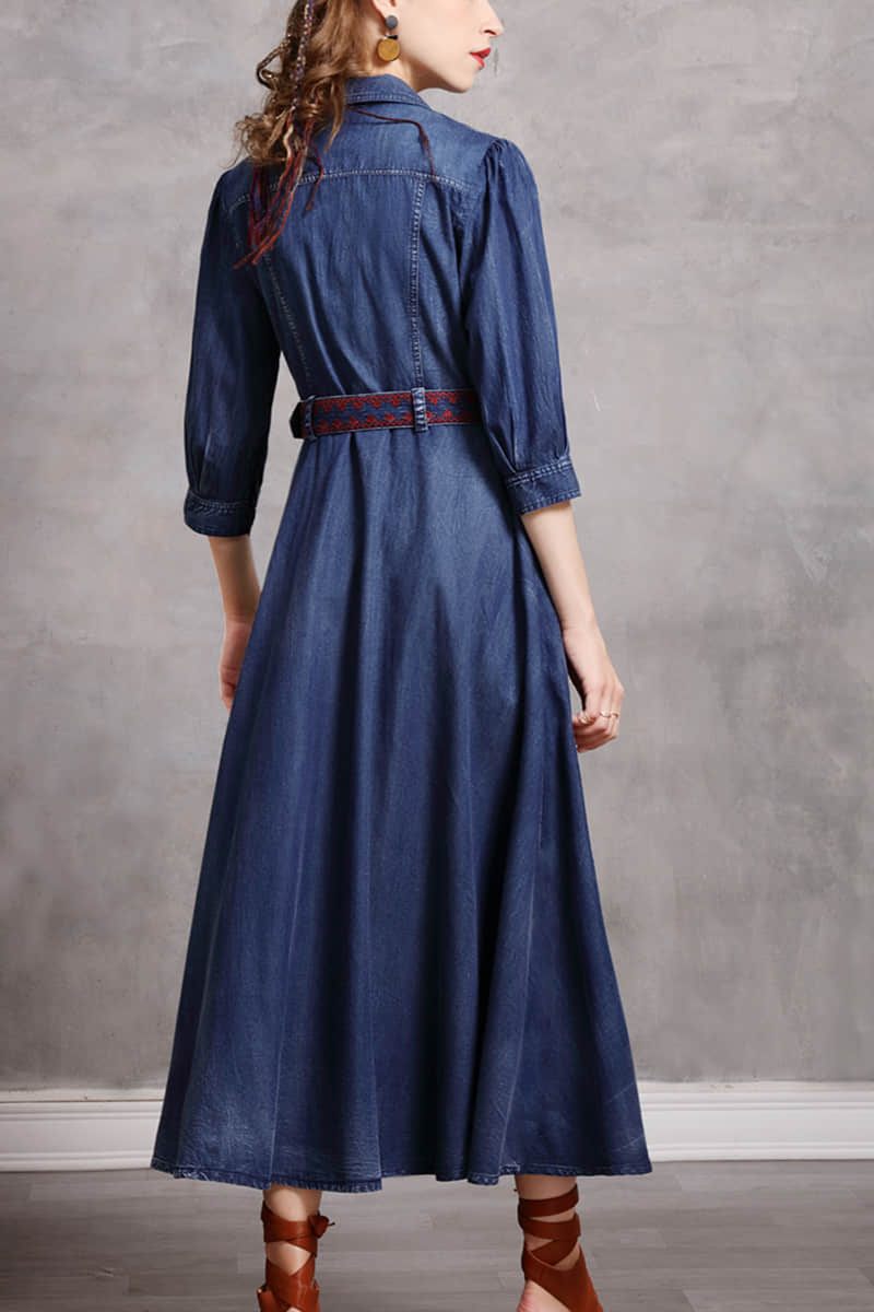 Mid-length belted Denim dress  | YonPop