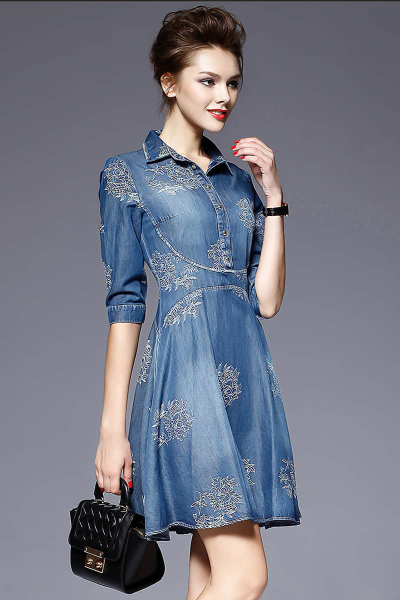 Women's embroidered slim-fit denim plus size dress 5XL | YonPop