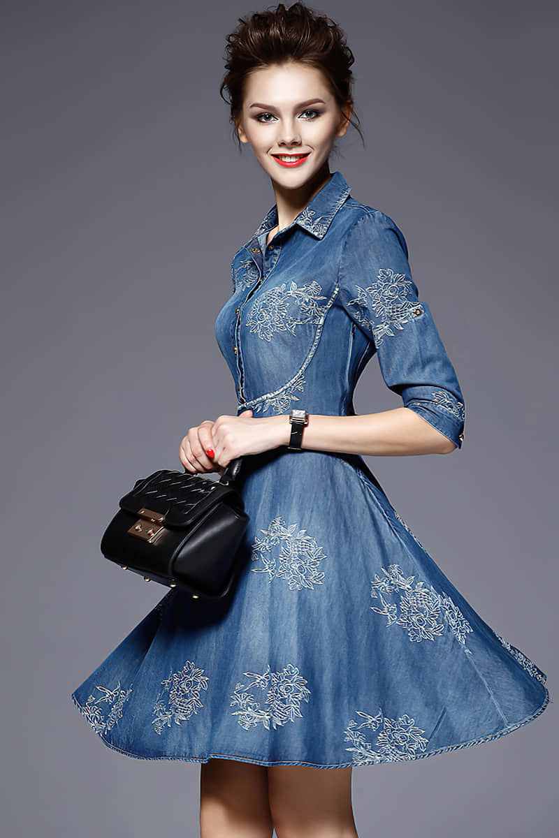 Women's embroidered slim-fit denim plus size dress L | YonPop