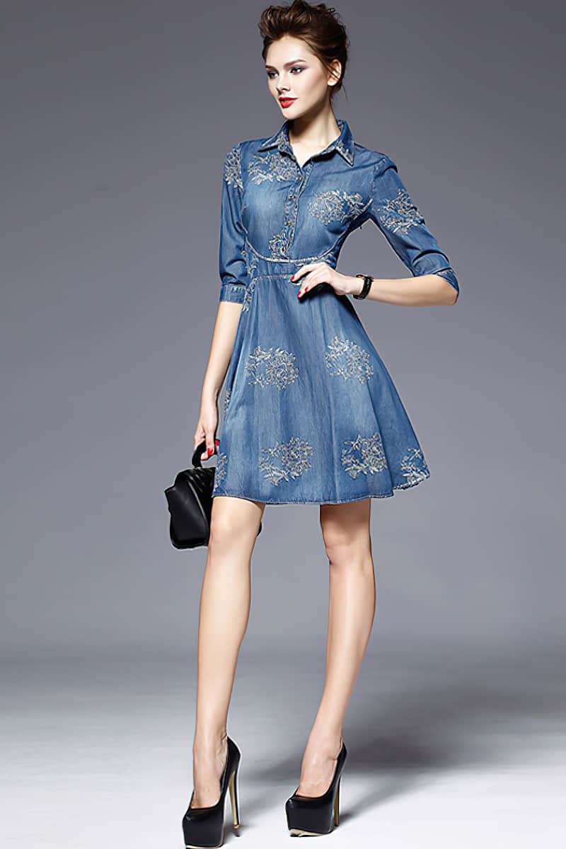 Women's embroidered slim-fit denim plus size dress XL | YonPop