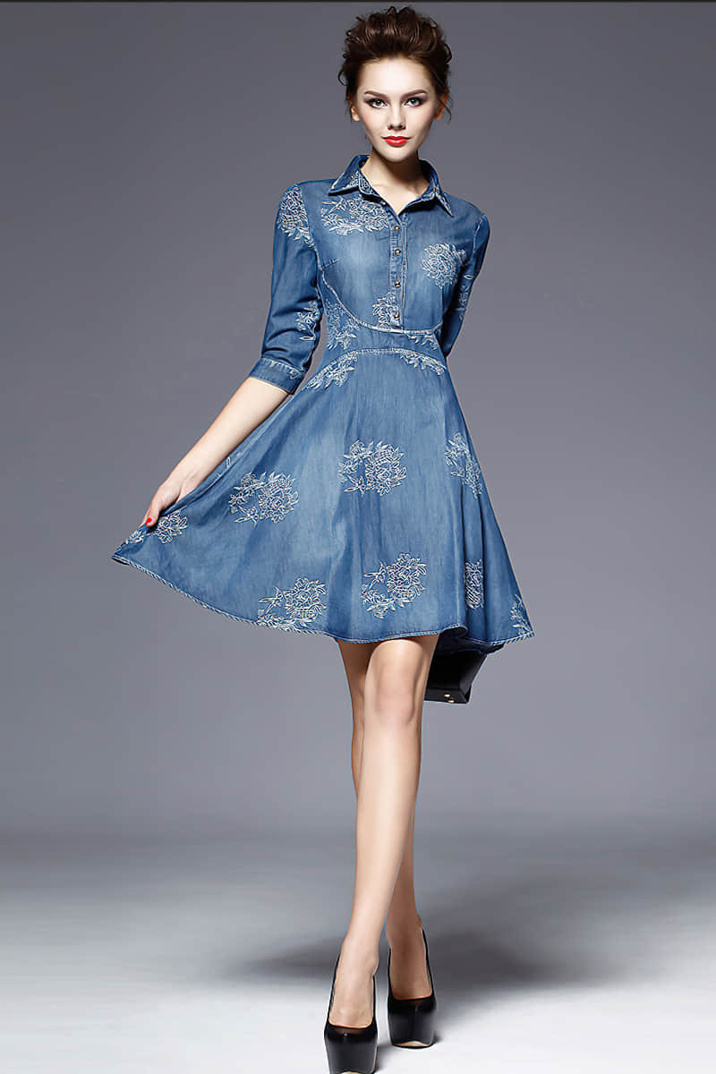 Women's embroidered slim-fit denim plus size dress 2XL | YonPop
