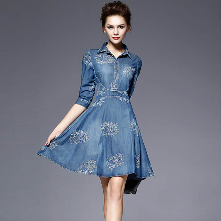 Women's embroidered slim-fit denim plus size dress S | YonPop