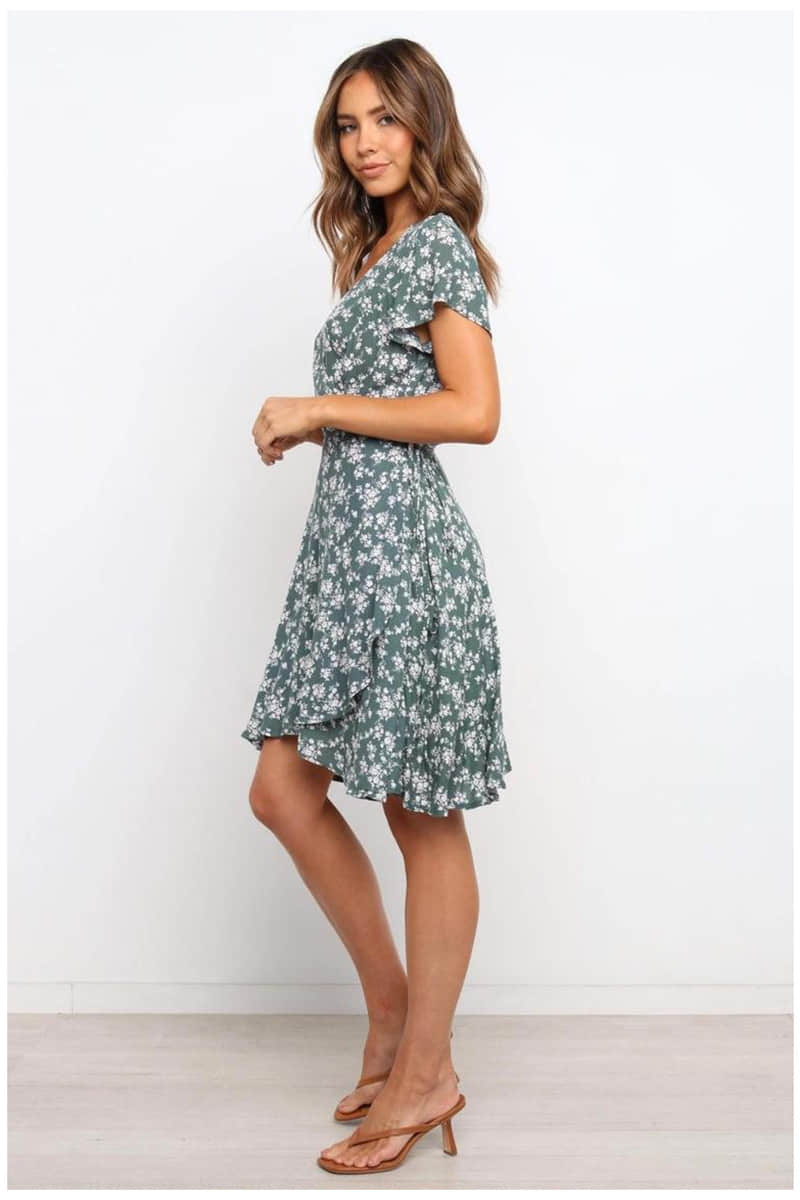 Printed pullover V-neck large swing dress L | YonPop