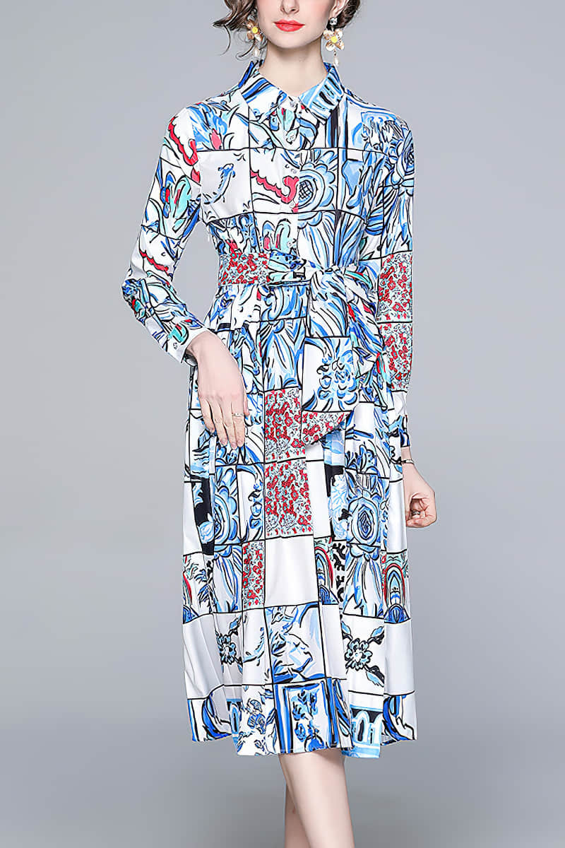 Lapel print long sleeve dress L | YonPop