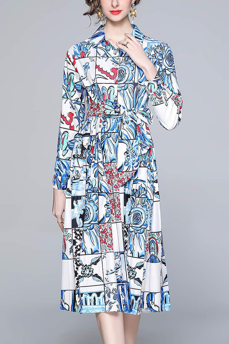 Lapel print long sleeve dress XL | YonPop