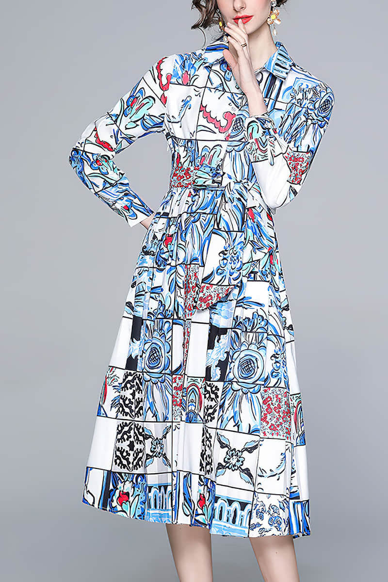 Lapel print long sleeve dress 2XL | YonPop