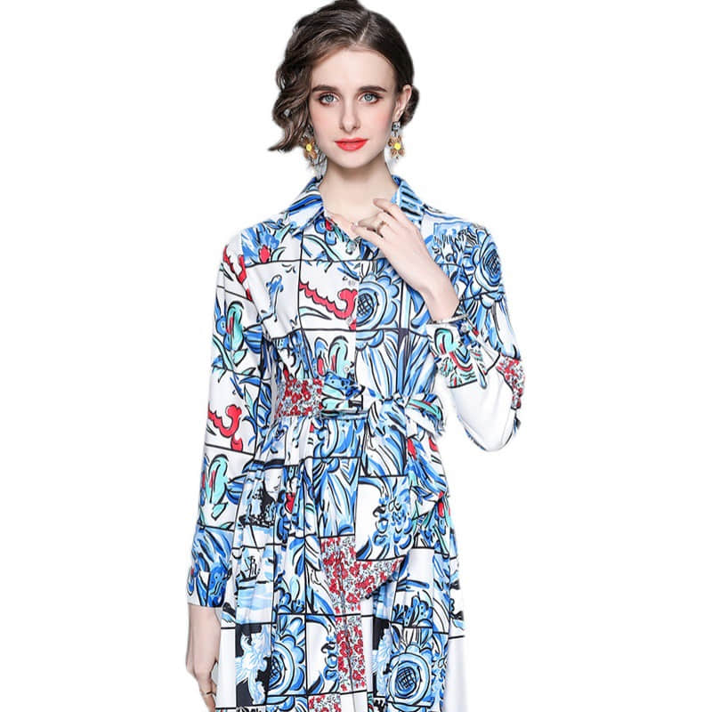 Lapel print long sleeve dress M | YonPop