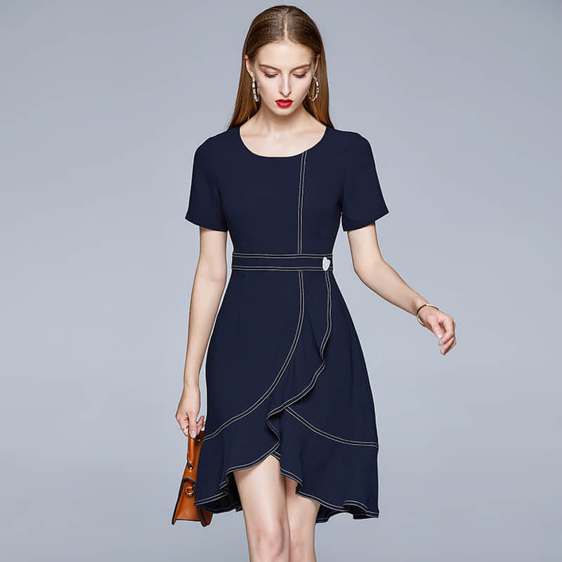 Round neck short sleeve fishtail ruffle dress S | YonPop