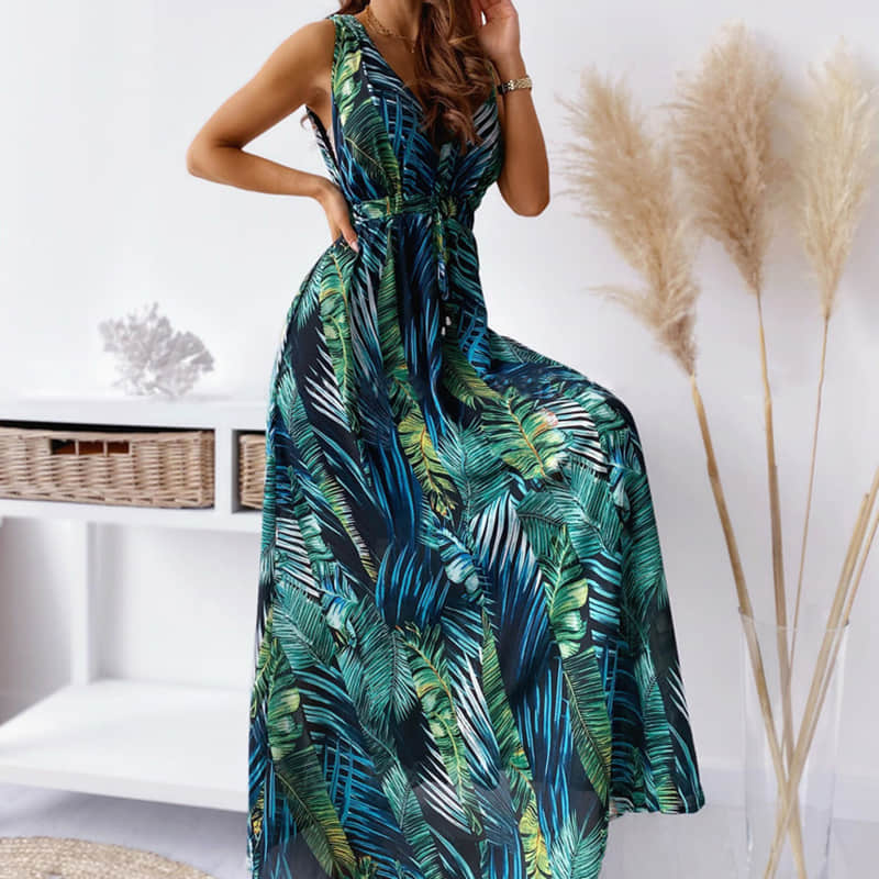 Women's summer print tie dress Green / S | YonPop